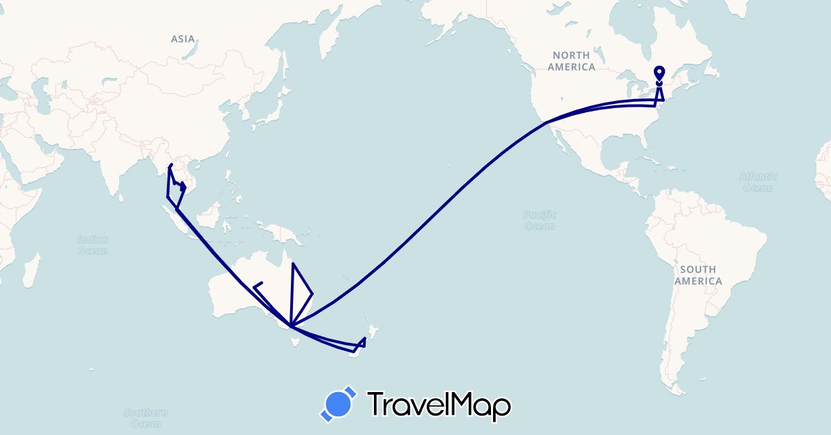 TravelMap itinerary: driving in Australia, Canada, Cambodia, Malaysia, New Zealand, Singapore, Thailand, United States (Asia, North America, Oceania)